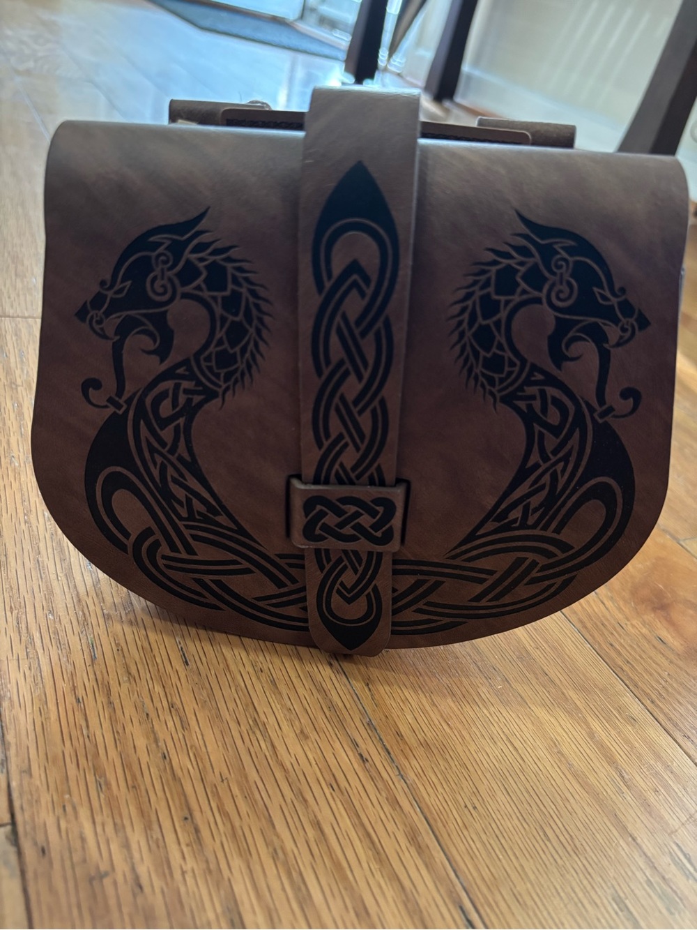 HiiFeuer Viking Embossed Langskip Belt Pouch Brown Faux Leather Medieval Bag